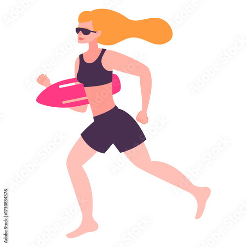 Woman lifeguard running with rescue buoy at the beach for water safety and emergency response