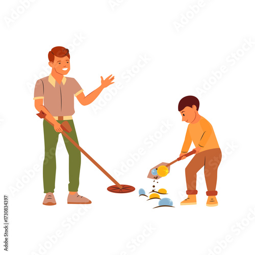 Father and son metal detecting on a sunny day, finding treasures and enjoying outdoor activity together