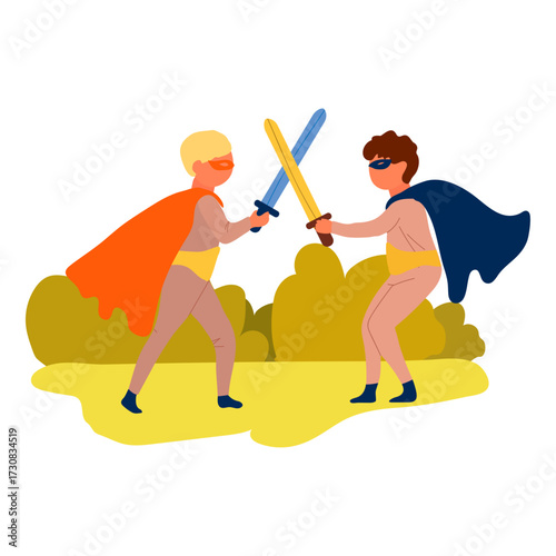 Two young children in superhero costumes pretend to battle with toy swords outdoors on a sunny day