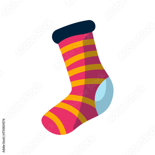 Vibrant Pink and Yellow Striped Sock with Blue Heel and Black Cuff - Isolated on White Background