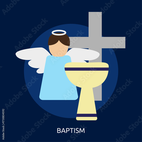 Angel and Baptismal Font with Cross, Religious Celebration Icon symbolizing Purity and New Beginnings
