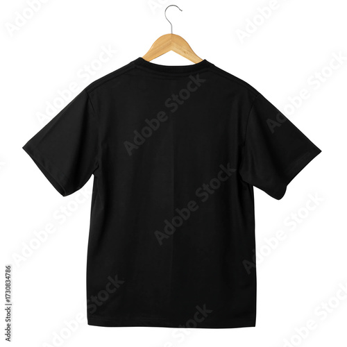 Black T-Shirt Back View Mockup on Wooden Hanger Isolated on Transparent Background