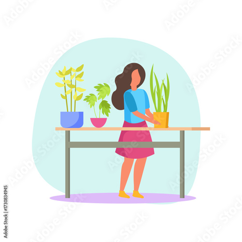 Young woman tending to potted plants on a wooden table, enjoying a hobby with greenery at home