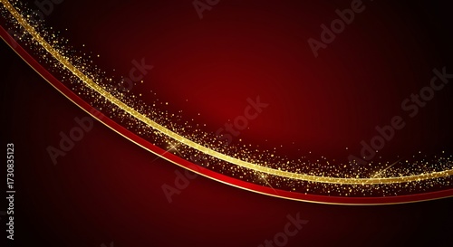 A rich, dark red background is adorned with two flowing golden ribbons sprinkled with glittering gold particles.