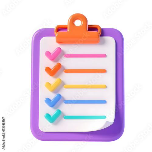 3d colorful checklist clipboard icon with purple board and orange clip in transparent background png and white background jpg

