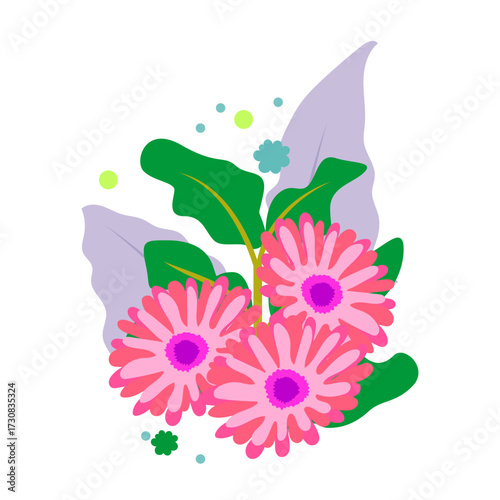 Vibrant pink gerbera daisies with lush green leaves and delicate light purple foliage, set against a white background