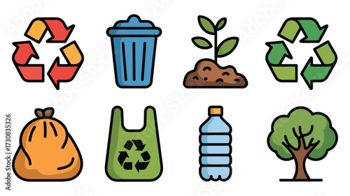 Vector art of recycling icons collection of environmental conservation elements such as recycle sign, bin, plant, bag, bottle, tree