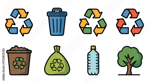 Vector art of a set of recycling icons including a recycle symbol, trash can, bag, bottle, tree, and compost bin