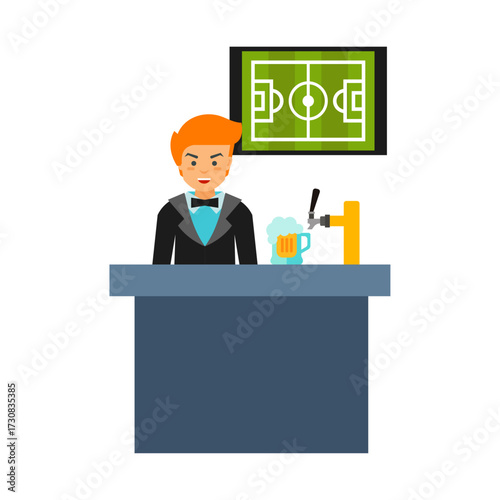 Bartender serving beer at a bar with a soccer game playing on the screen in the background, celebrating sports