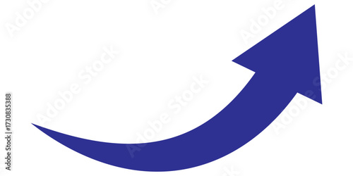 Blue curve arrow. Blue upward curving arrow. A curved blue arrow points upwards, indicating growth and progress, isolated on white background.