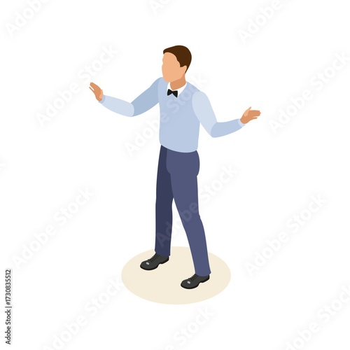 Isometric illustration of a man in formal attire with his arms outstretched, appearing to be speaking or presenting