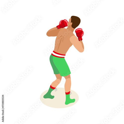 Male boxer in red gloves and green shorts in defensive stance, isolated on white background