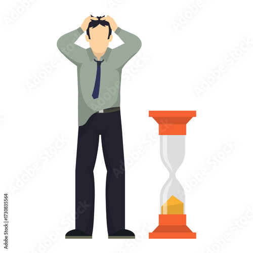 Stressed Businessman Fretting Over Deadline with Hourglass Symbolizing Passing Time and Urgency