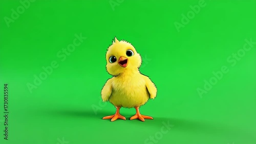 A cartoon yellow chick standing on a green screen background looking at the viewer directly