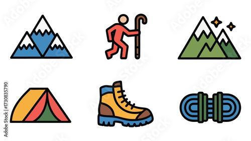 Vector art of hiking icons set of hiking icons mountain, hiker, tent, boot, rope, adventure, travel, nature