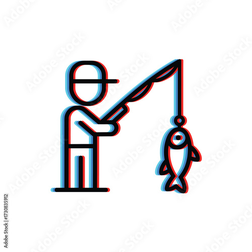 Minimalist Illustration of a Person Fishing with a 3D Anaglyph Effect Graphic Resource