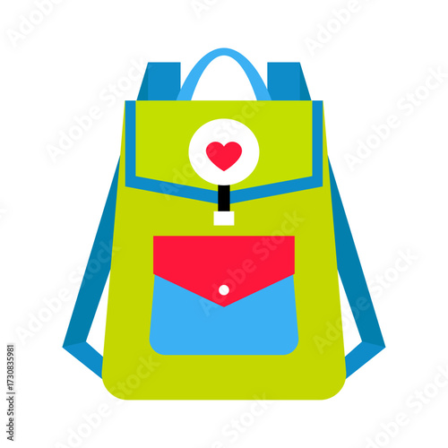 Brightly Colored Backpack with Heart Emblem, Ready for School Adventures and Everyday Journeys