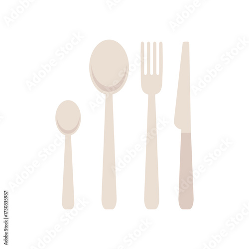 Set of four beige cutlery items, including spoon, tablespoon, fork, and knife, isolated on white