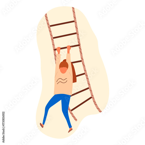 Young person climbing a rope ladder, symbolizing growth, challenge, and overcoming obstacles in life