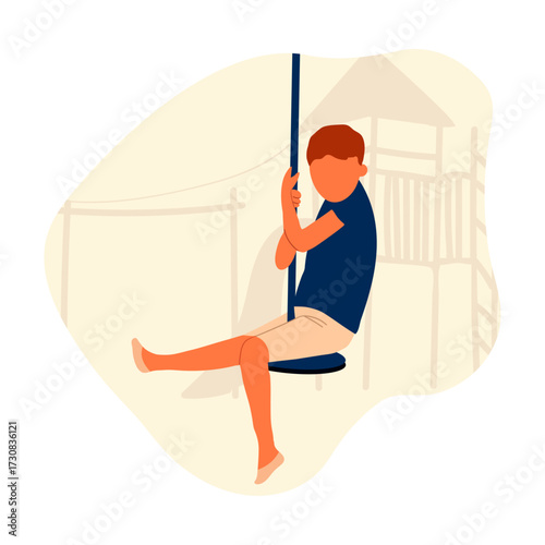 Young boy enjoying a thrilling ride on a zip line at a sunny outdoor playground