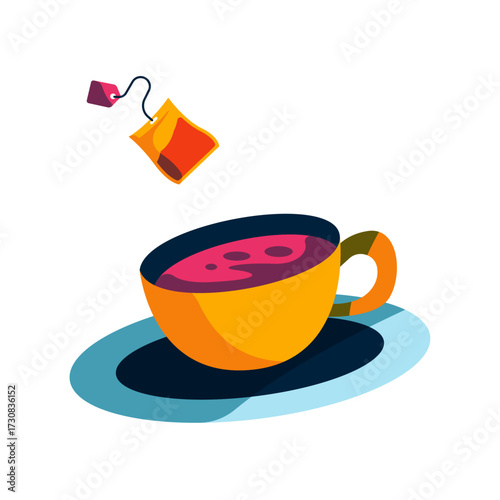 Vibrant Cup of Tea with Tea Bag Floating Above, Steaming Beverage in a Dish, Hot Drink Illustration