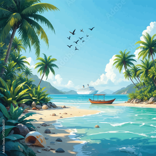 Majestic tropical sunset coastline with silhouettes of coconut palms and radiant colorful sky artwork