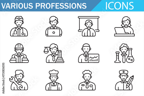 Minimal career icons—scalable outline pack with medical, legal, engineering, culinary, and aviation roles