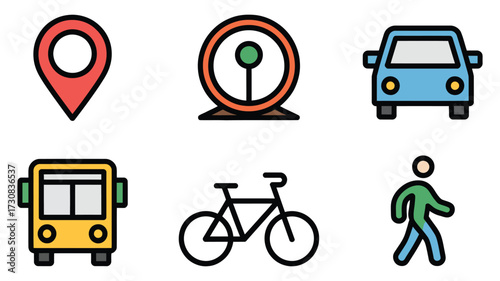 Vector art of transportation and navigation icons set, featuring location pin, toll booth, car, bus, bicycle, and pedestrian