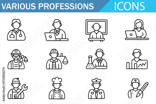 Career roles outline symbols—doctor, coder, courier, lawyer, mechanic, chef, pilot, police icon collection