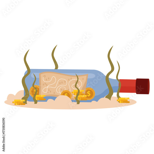 Message in a bottle with treasure map and gold coins on the ocean floor, a classic adventure symbol
