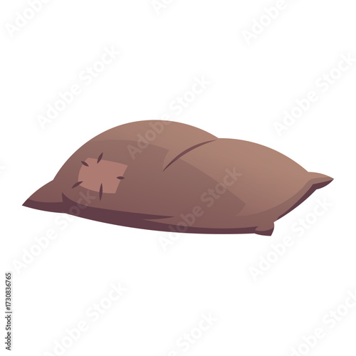 A brown burlap sack with a patch lies on a white background, representing simple storage and rustic charm