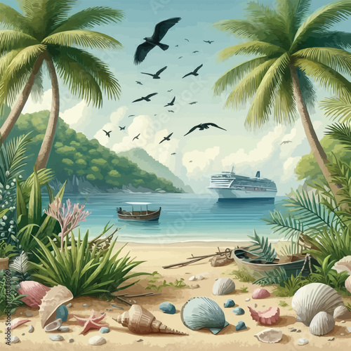 Beautiful exotic beach scenery with coconut palms and turquoise ocean under blue sky digital art
