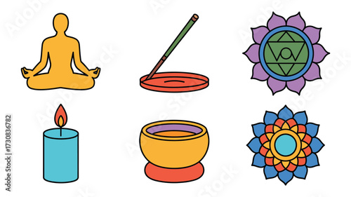 Vector Illustration of meditation and relaxation tools including a lotus position, incense, chakra, candle, bowl, and mandala