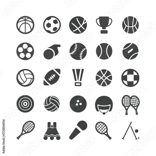 Collection of sports equipment and icons on white background