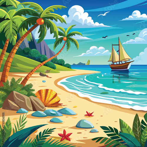 Summer paradise island with sandy coastline, palm trees and turquoise blue water illustration