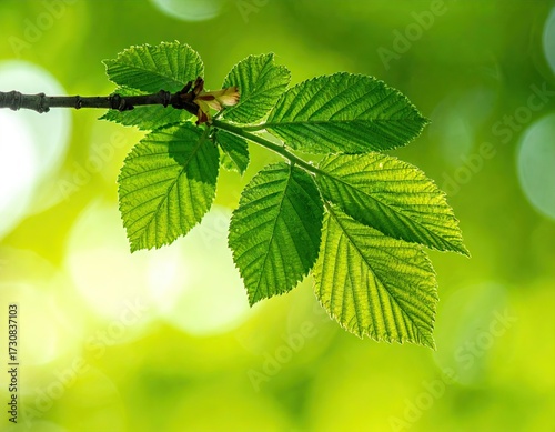 Bright Green Leaves on Branch, Sunlight Bokeh Background