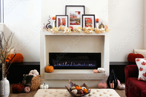 Cozy autumn decor display in a beautiful warm modern living room with fireplace