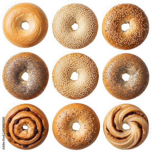 Assorted baked goods with seeds and swirls isolated on a transparent background bagels sesame