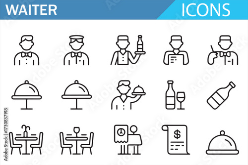 Waiter line icon pack—restaurant, bar, and bistro symbols for branding and UI kits