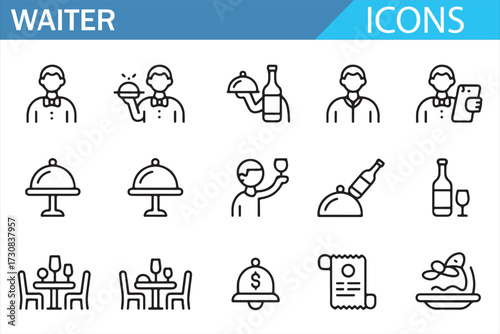 Hospitality outline icons set—server, tray, cloche, wine glass, menu, table, and receipt