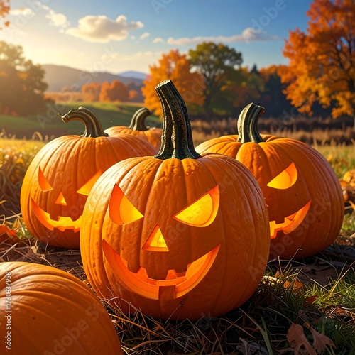 Halloween Pumpkins in Autumnal Field.