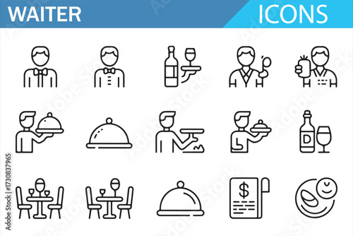 Waiter and dining pictograms—clean line icons for cafe, bistro, bar, and catering interfaces