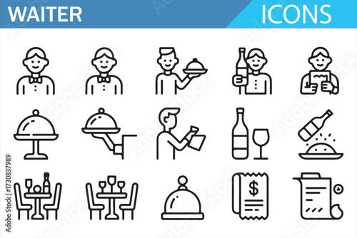 Linear waiter icons for restaurant and hospitality services, outline set with cloche, tray, menu, wine, bell, table, and bill