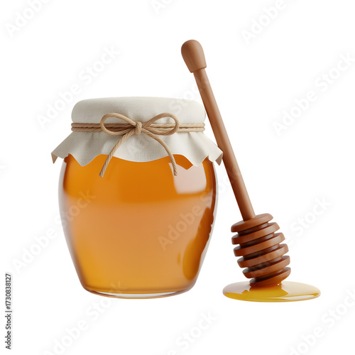 3d jar of golden honey with dipper and fabric cover in transparent background png and white background jpg

