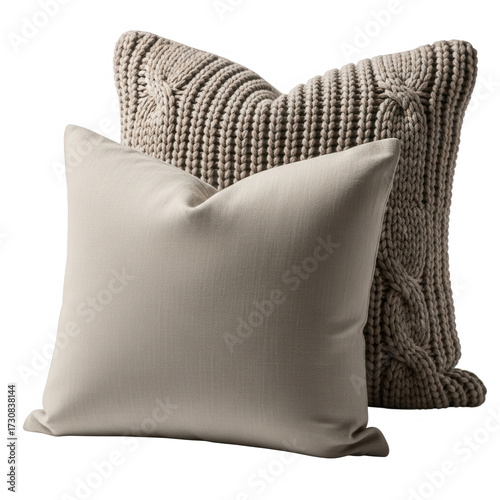 Two textured pillows neutral tones isolated on a transparent background cushion cushions