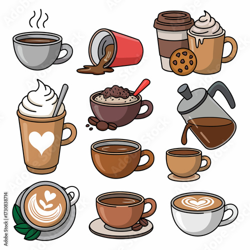 Collection of Coffee Cups and Mugs with Latte Art and Variety of Drinks Illustrations for Menu Design and Branding Projects