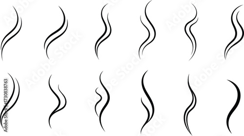 Collection of stylized black smoke or steam wisps on white background Keywords: smoke, steam, vapor, aroma, scent, smell
