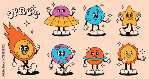 A set of groovy space characters in retro style. Planets, sun, comet.