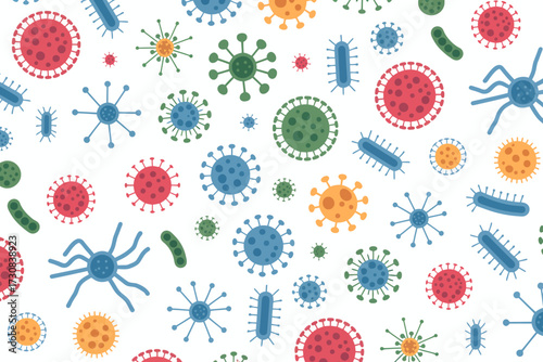 Colorful seamless pattern with various microscopic organisms and viruses ideal for science and health designs