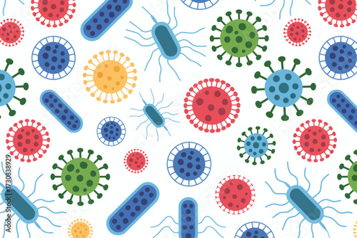 Colorful Seamless Pattern of Various Microscopic Organisms Viruses and Bacteria for Science Education and Healthcare Illustration